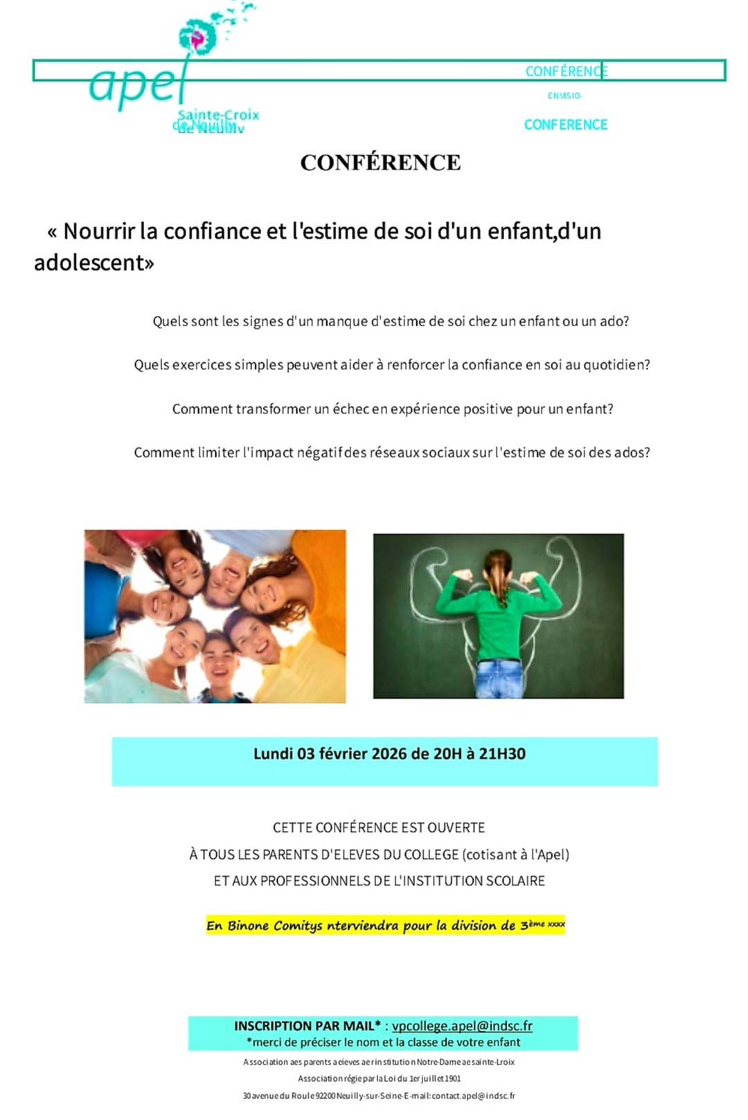 Conférence  La confiance en soi Sainte Croix de Neuilly